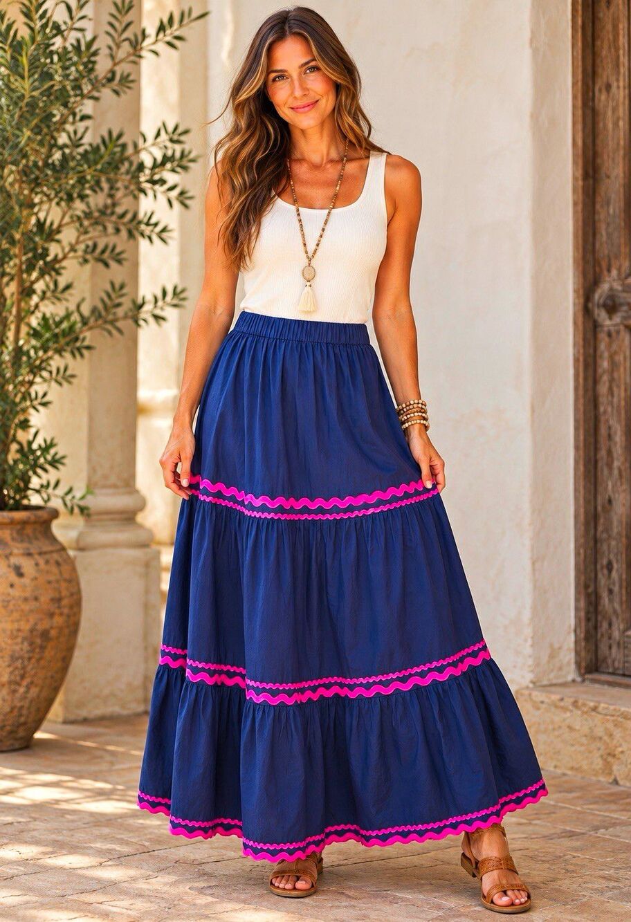 Lilibelle x Be You Be One Blue Cotton Maxi Skirt Pink Ric Rac Trim Size S